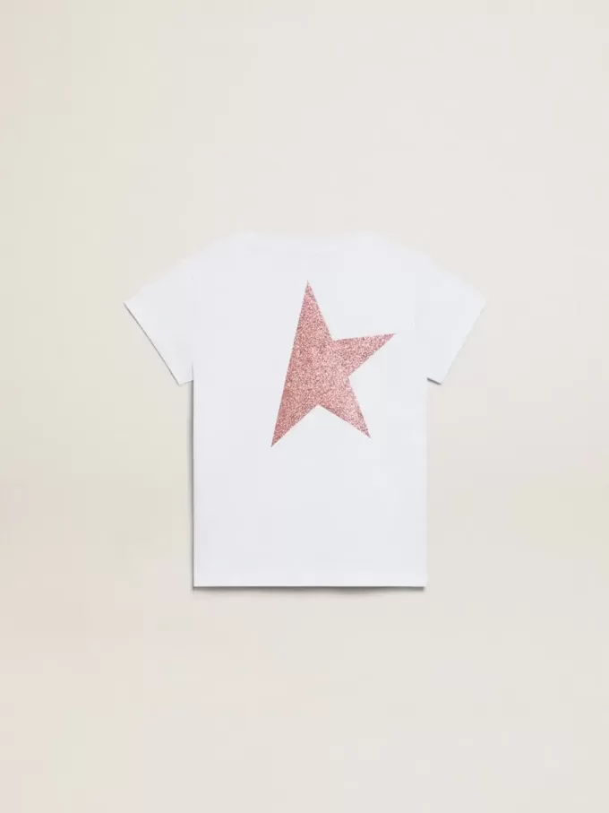 Vit T-shirt för flickor med rosa glitterlogotyp och maxistjärna