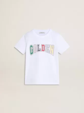 vit t shirt fr pojkar med flerfrgat guldtryck 1 330x440 - Vit T-shirt f&ouml;r pojkar med flerf&auml;rgat guldtryck
