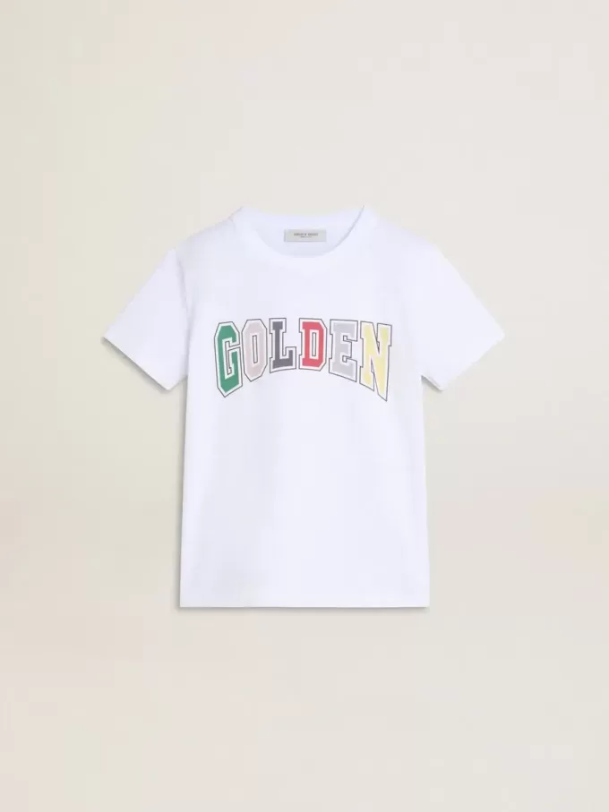 Vit T-shirt för pojkar med flerfärgat guldtryck Vit T-shirt för pojkar med flerfärgat guldtryck