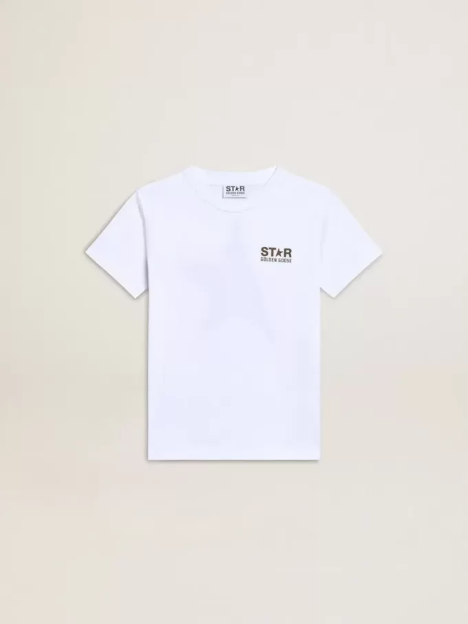Vit T-shirt för pojkar med kontrasterande mörkgrön logotyp och stjärna Vit T-shirt för pojkar med kontrasterande mörkgrön logotyp och stjärna