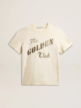 Vit T-shirt i åldrat bomullstyg för herr med guldtryck