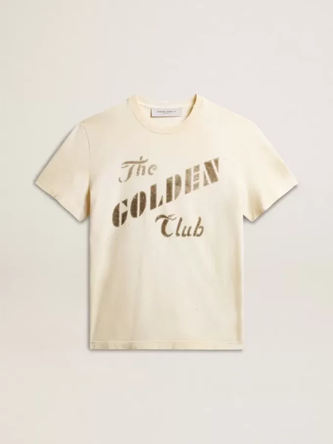 Vit T-shirt i åldrat bomullstyg för herr med guldtryck Vit T-shirt i åldrat bomullstyg för herr med guldtryck