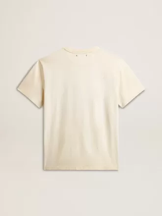 Vit T-shirt i åldrat bomullstyg för herr med guldtryck