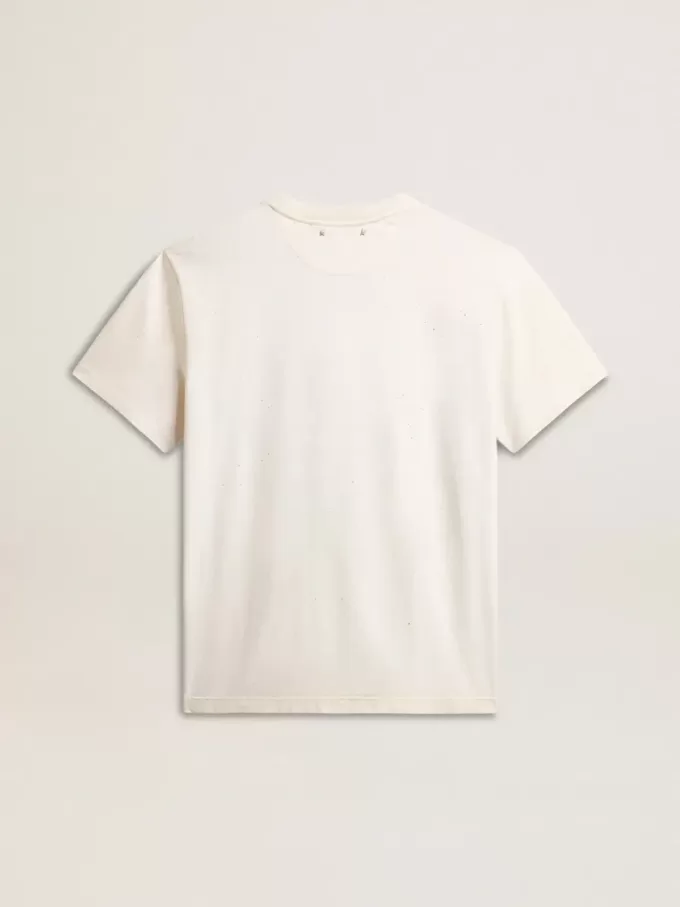 Vit T-shirt i åldrat bomullstyg för herr med guldtryck Vit T-shirt i åldrat bomullstyg för herr med guldtryck