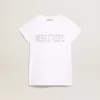 Vit T-shirt med central Golden-text i kristaller