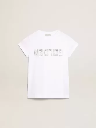 Vit T-shirt med central Golden-text i kristaller