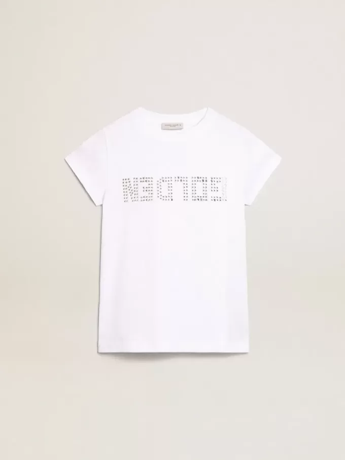 Vit T-shirt med central Golden-text i kristaller