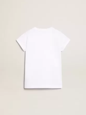 Vit T-shirt med central Golden-text i kristaller