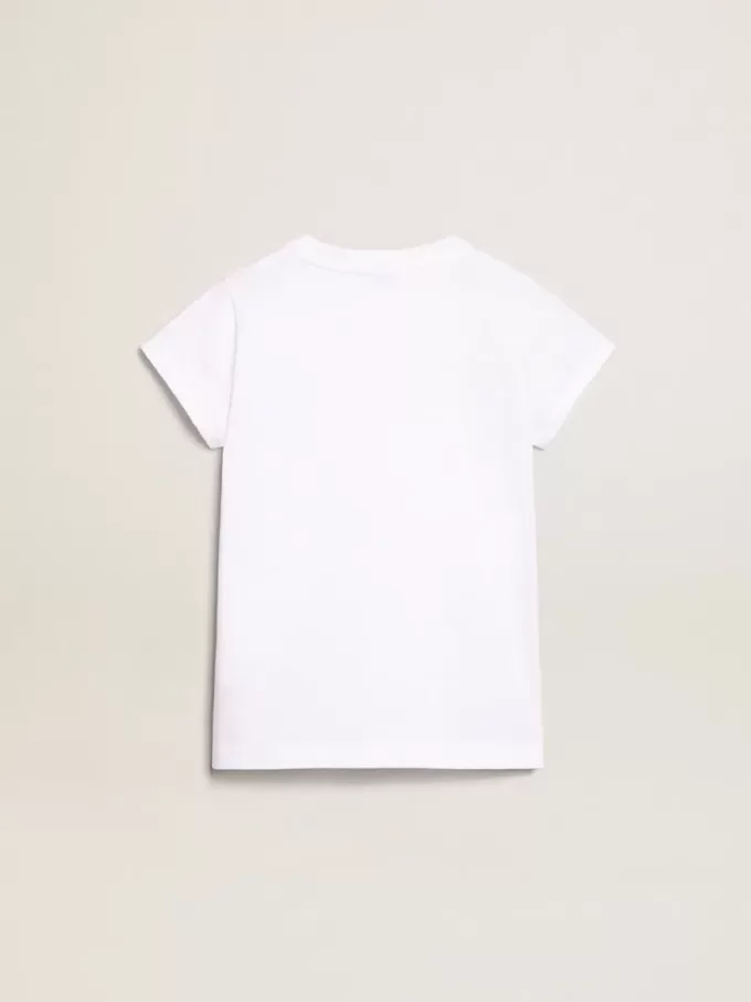 Vit T-shirt med central Golden-text i kristaller