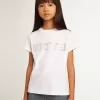Vit T-shirt med central Golden-text i kristaller