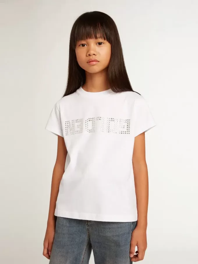 Vit T-shirt med central Golden-text i kristaller