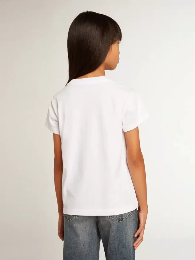 Vit T-shirt med central Golden-text i kristaller