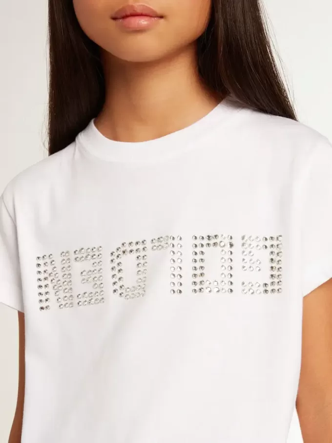 Vit T-shirt med central Golden-text i kristaller