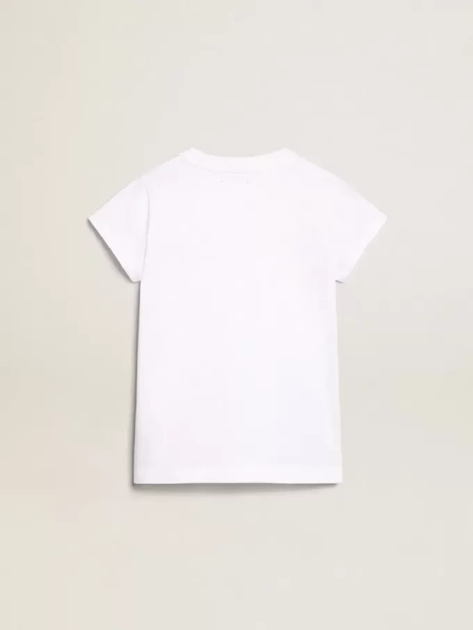 Vit T-shirt med central Golden-text i kristaller