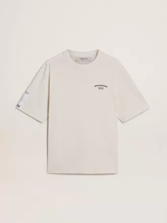Vit unisex-T-shirt med medelhavstryck och Pescheria Golden-märke på ärmen