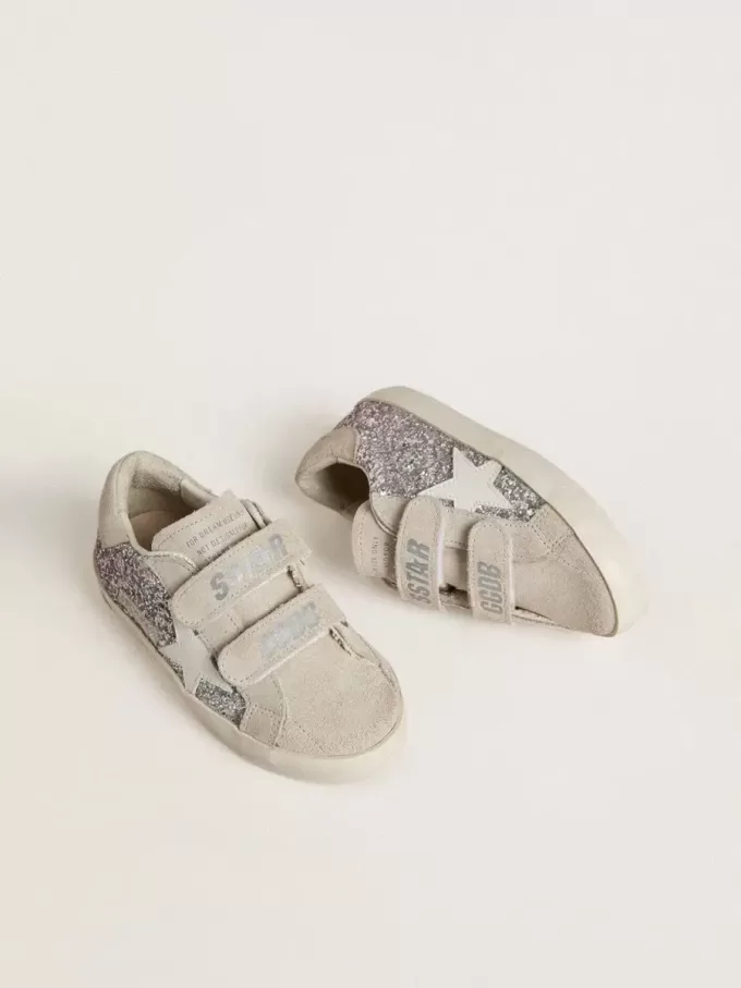 Young Old School i silver och rosa glitter med vit läderstjärna Young Old School i silver och rosa glitter med vit läderstjärna