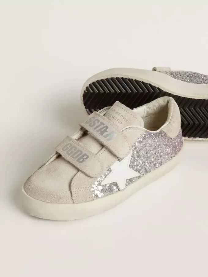 Young Old School i silver och rosa glitter med vit läderstjärna Young Old School i silver och rosa glitter med vit läderstjärna